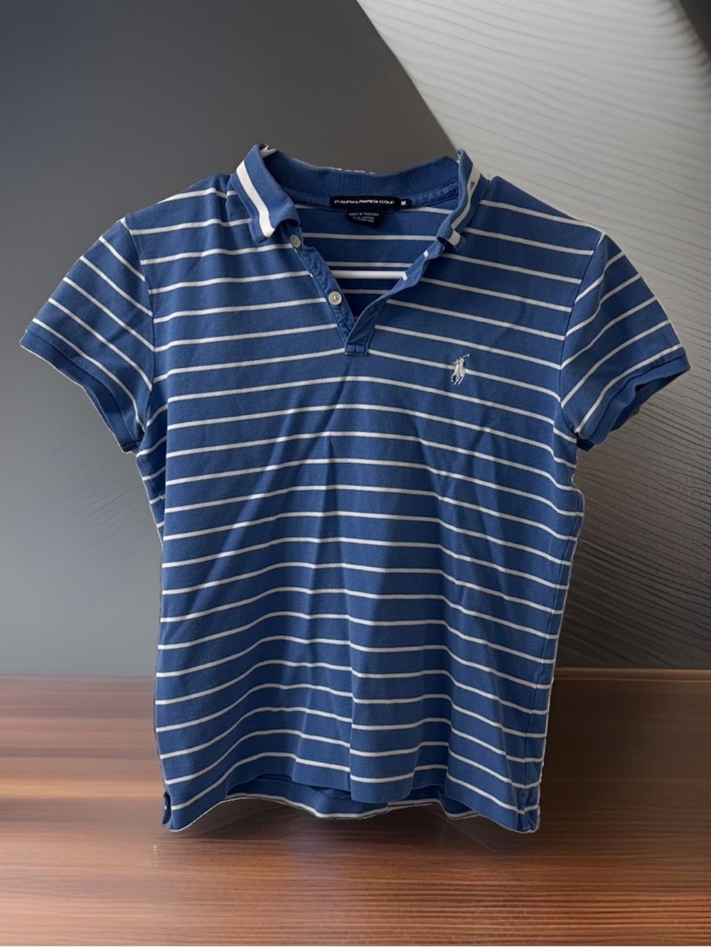 Ralph Lauren Golf Women’s M Polo Shirt Blue White Striped Pony Cotton Stretch